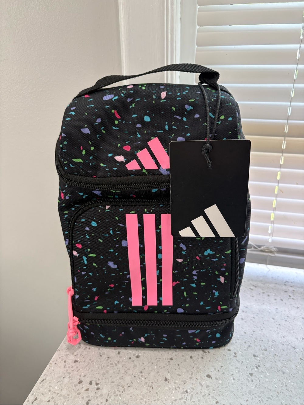 NWT adidas Black Lunch Tote with Pink Stripes and Multicolor Speckle
